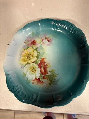 Vintage Floral Ceramic Serving Plate in Teal